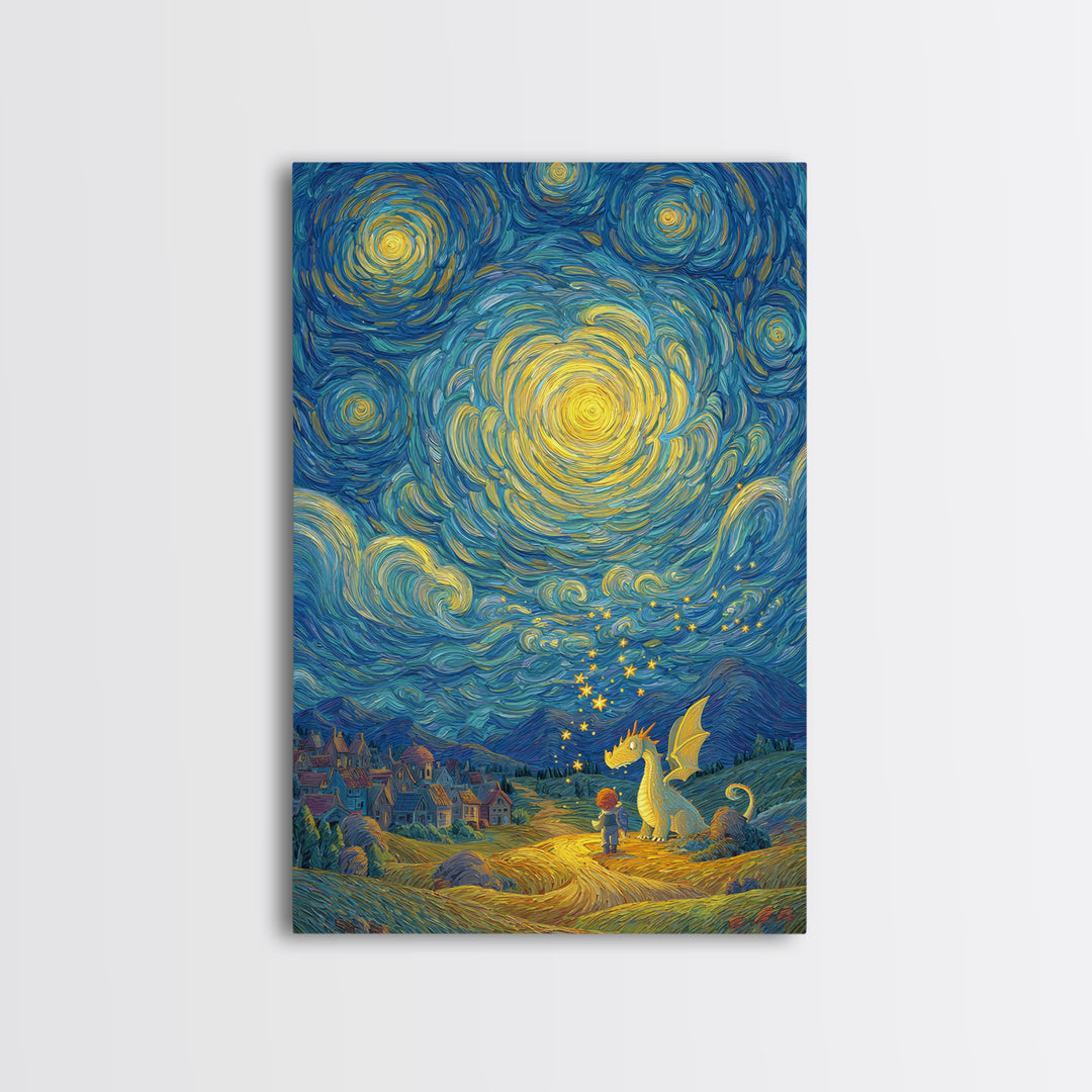 Star Swirled Child And Dragon Wall Art, Whimsical Fantasy Canvas Print, Nursery Decor, Celestial Kids Room Art Gift For Her