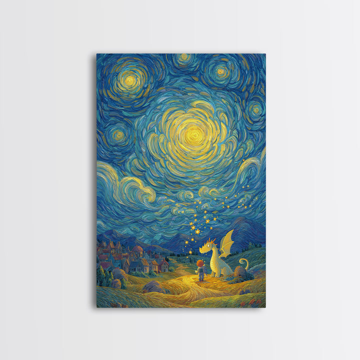Star Swirled Child And Dragon Wall Art, Whimsical Fantasy Canvas Print, Nursery Decor, Celestial Kids Room Art Gift For Her