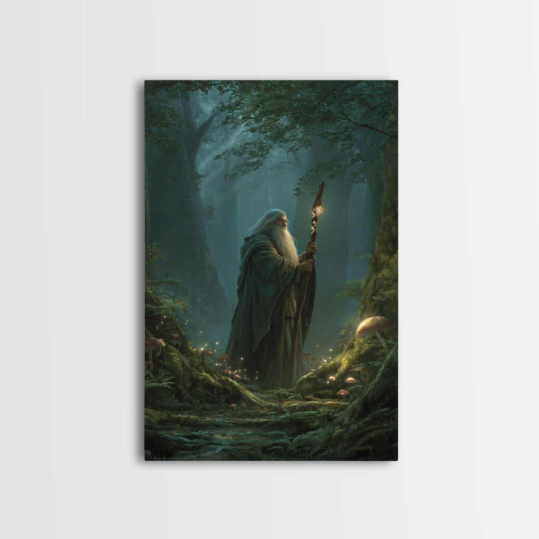 Ancient Wizard In Enchanted Forest Wall Art, Magical Mushroom Canvas Print, Dark Academia Fantasy Decor, Mystical Gift For Him