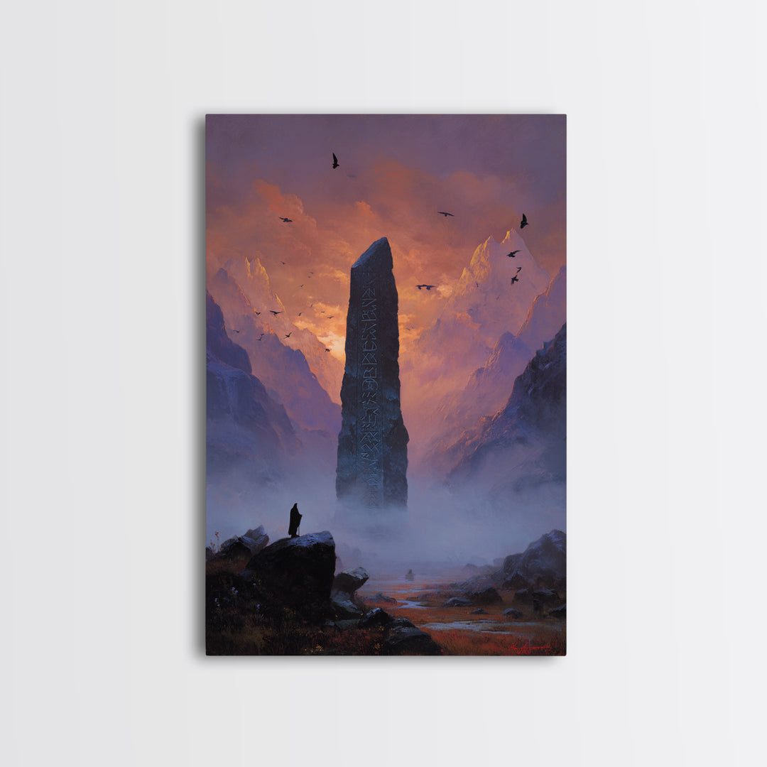 Misty Mountain Monolith Raven Large Canvas Print, Dark Fantasy Wall Art, Epic Landscape Art, Gothic Office Decor, Gift For Him