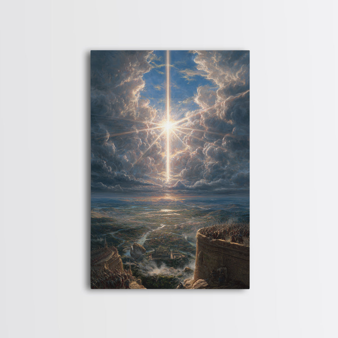 Radiant Cross In Storm Clouds Framed Canvas Print, Christian Wall Art, Celestial Landscape Art, Spiritual Home Decor Gift