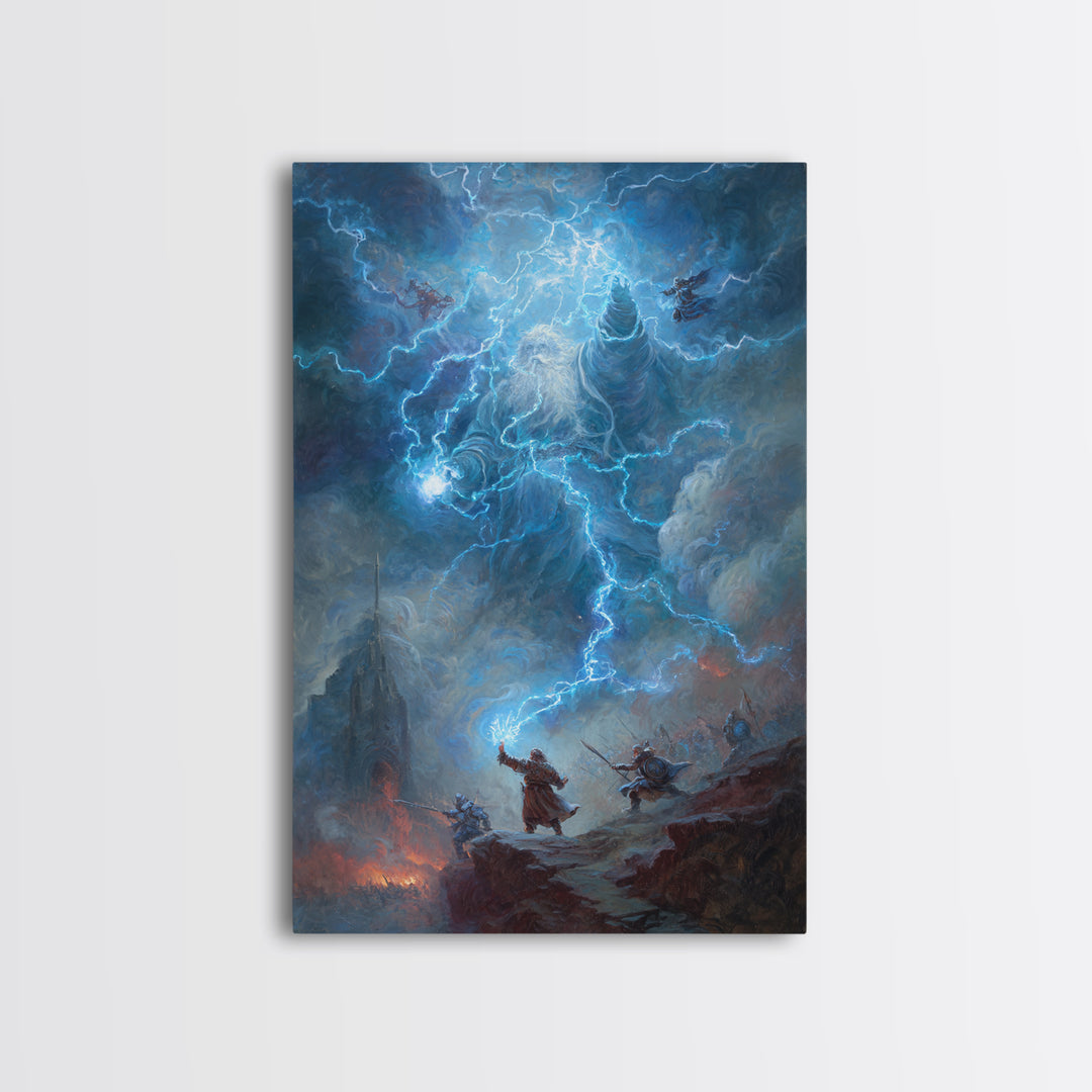 Electric Lightning Storm Giant Canvas Print, Dark Fantasy Wall Art, Epic Battle Painting, Mythological Art, Gothic Castle Decor