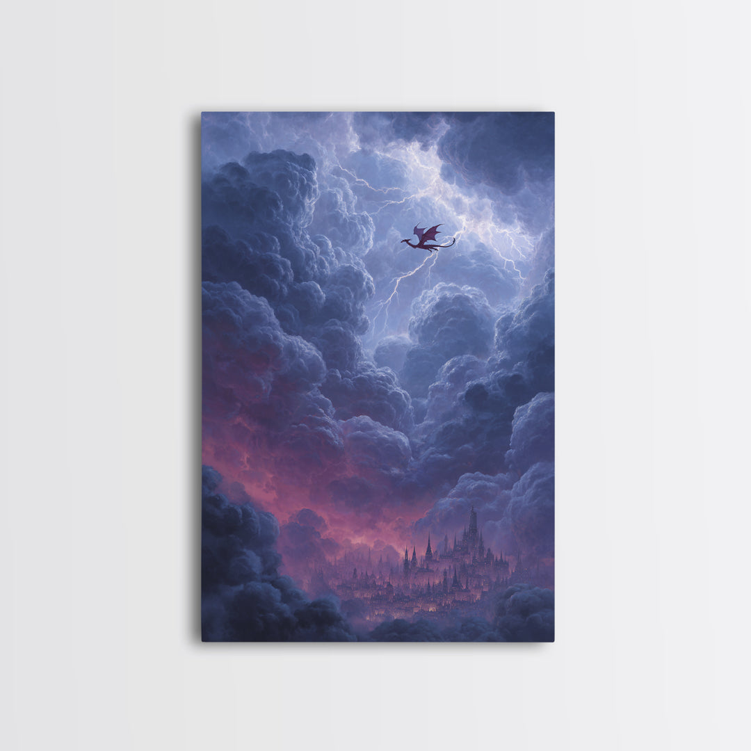 Dragon Over Cloud City Framed Canvas Print, Fantasy Wall Art, Stormy Castle Landscape, Gothic Nursery Decor, Gift For Him