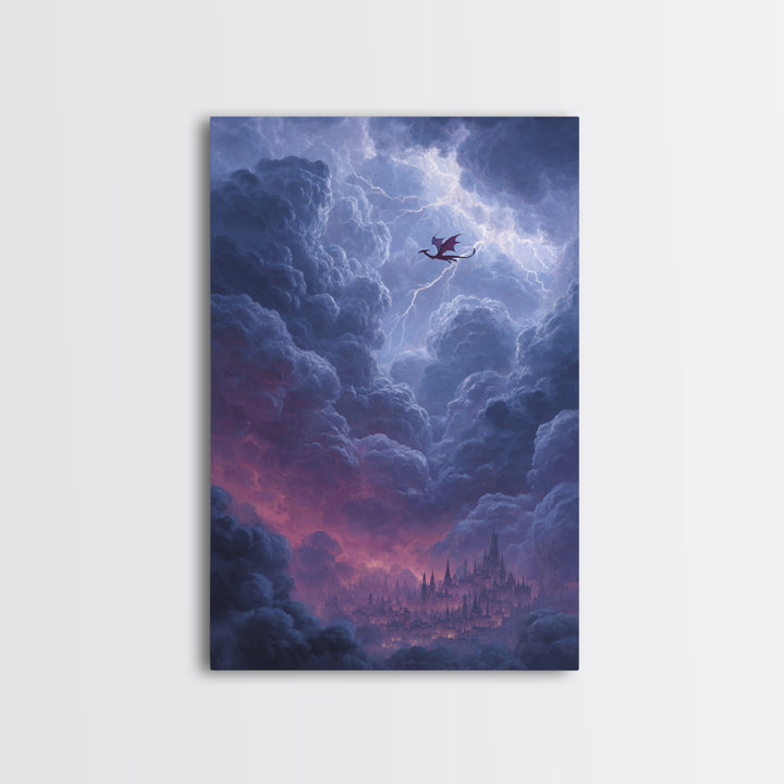 Dragon Over Cloud City Framed Canvas Print, Fantasy Wall Art, Stormy Castle Landscape, Gothic Nursery Decor, Gift For Him