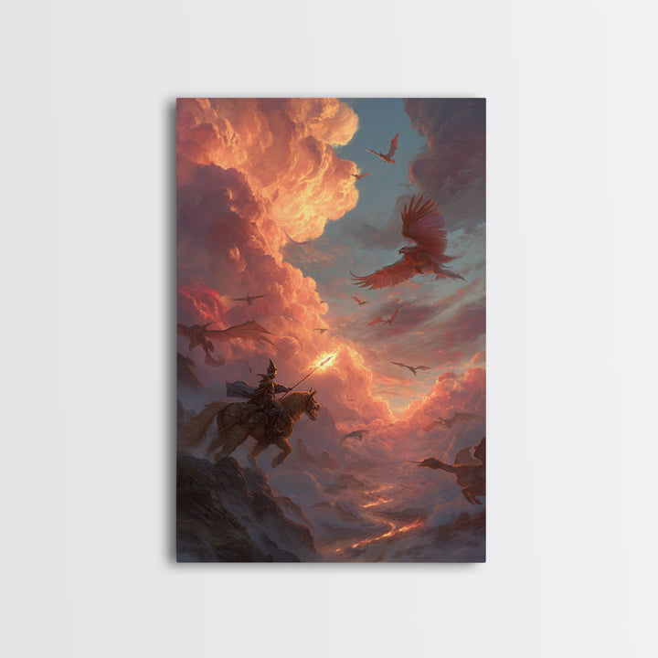 Knight And Phoenix Sunset Sky Battle Canvas Print, Fantasy Wall Art, Dragon Painting, Medieval Decor, Epic Statement Artwork