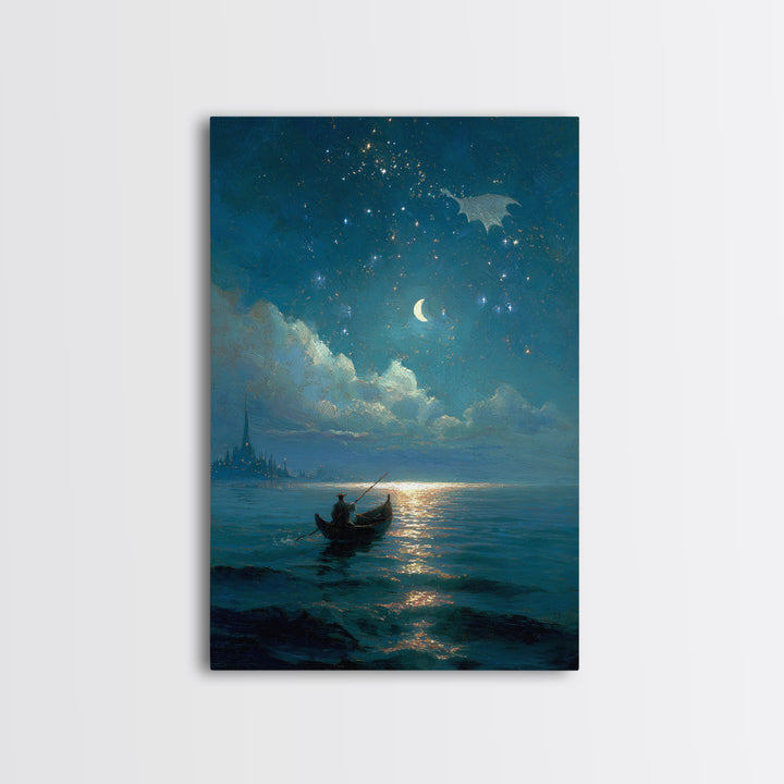 Moonlit Blue Boat And Castle Canvas Print, Celestial Wall Art, Fantasy Seascape Painting, Starry Night Decor, Gift For Her