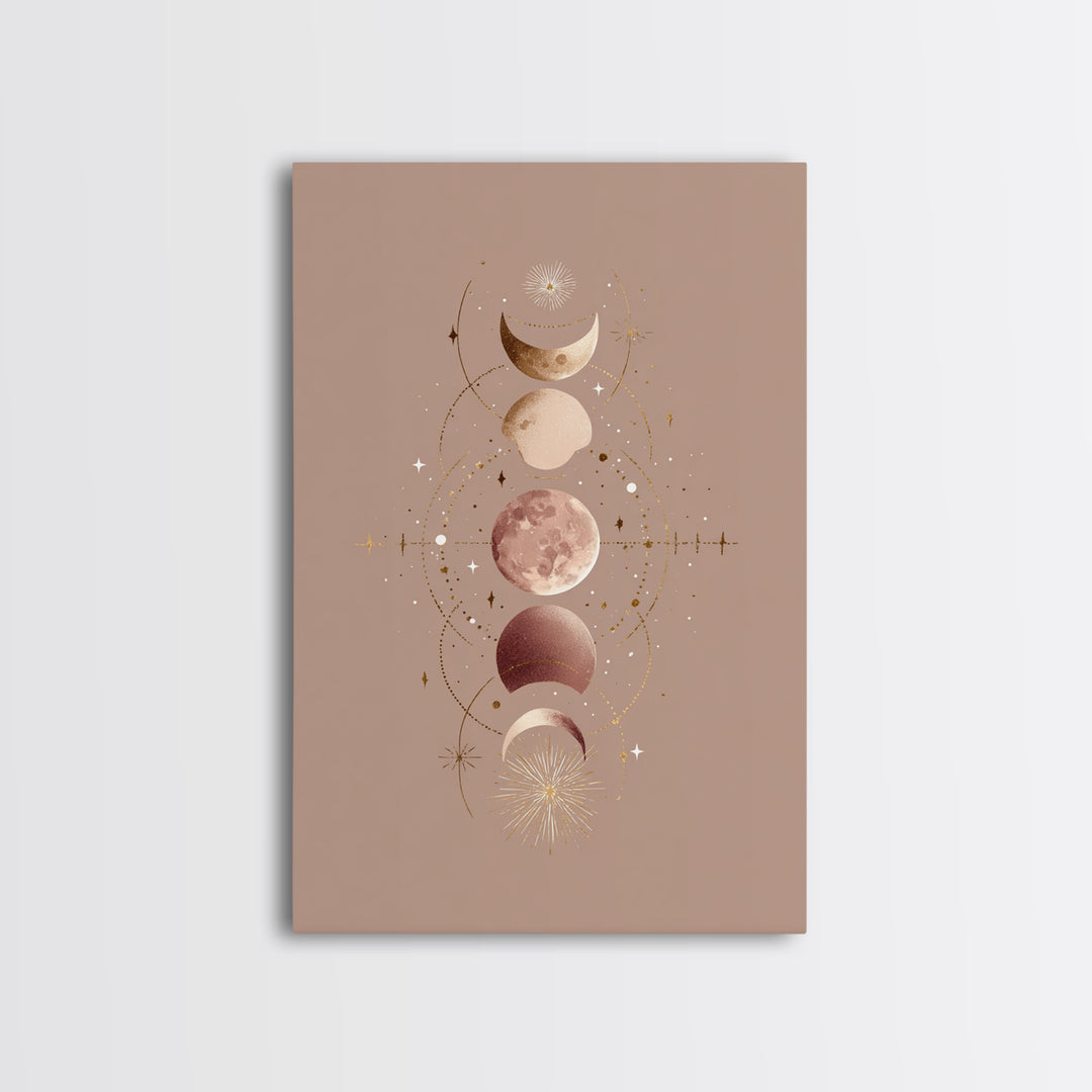Moon Phases Celestial Wall Art, Taupe Boho Astrology Canvas, Mystical Lunar Decor, Minimalist Bedroom Print Gift For Her