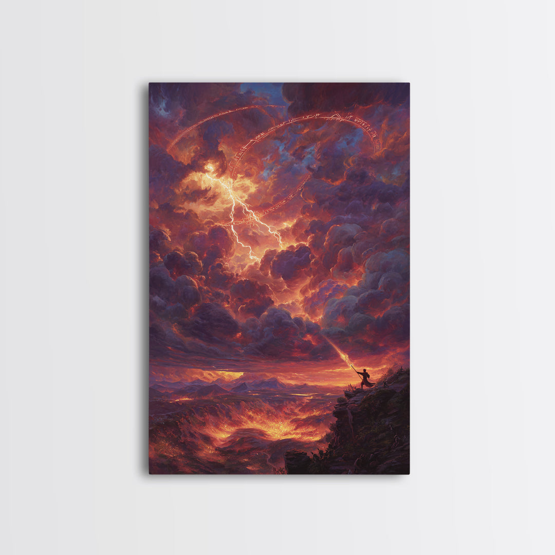 Firelit Lightning Dragon Storm Canvas Print, Fantasy Wall Art, Epic Landscape Art, Wizard Decor, Dramatic Home Decor Gift