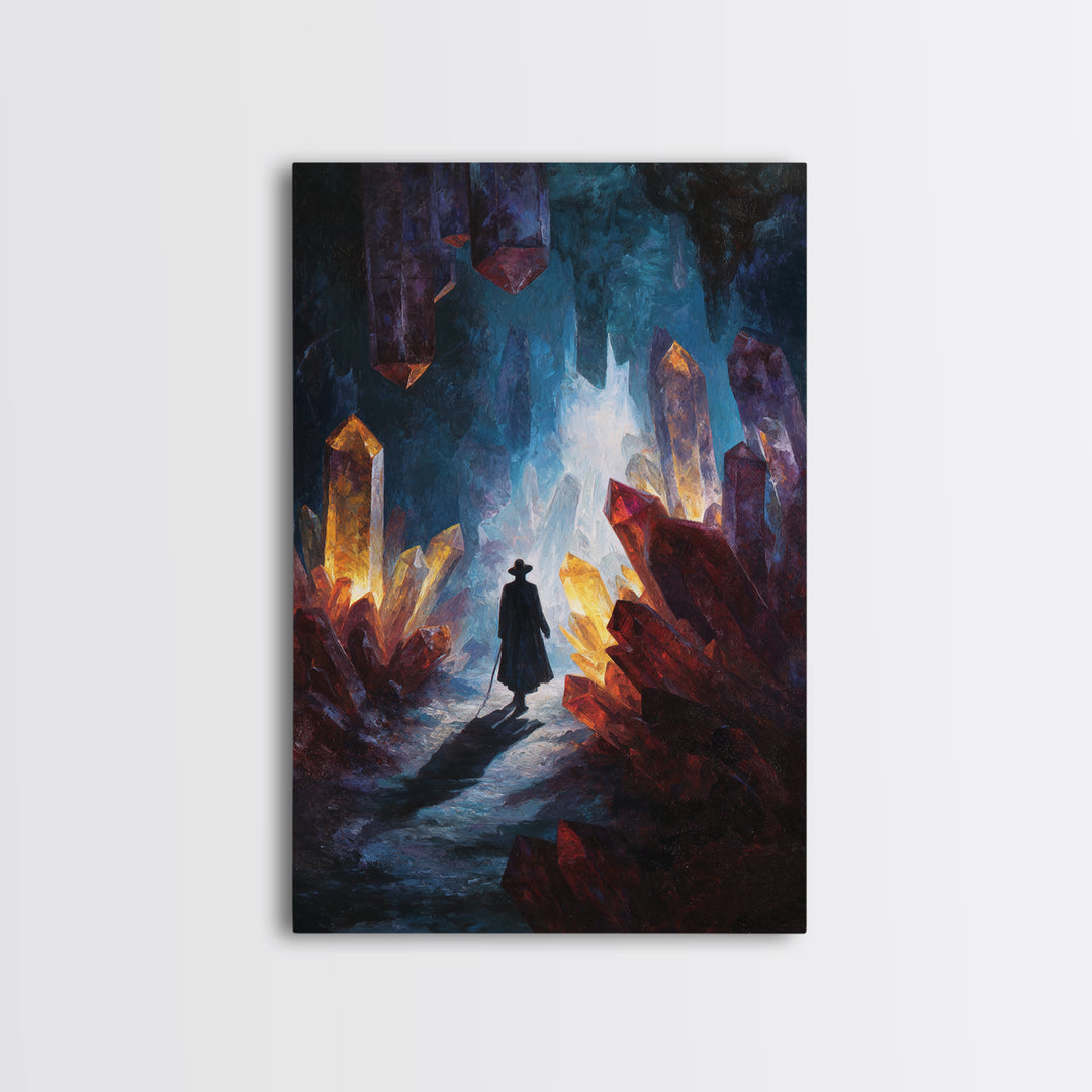 Glowing Crystal Cave Explorer Canvas Print, Fantasy Wall Art, Mystical Gemstone Cavern, Dark Academia Home Decor Gift For Him