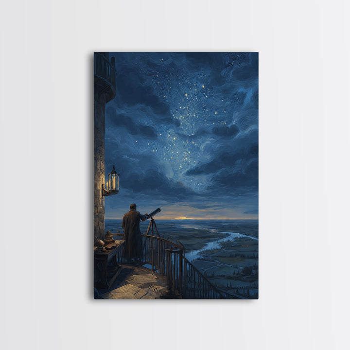 Stargazer Observatory Balcony Canvas Print, Celestial Wall Art, Astronomy Poster, Night Sky Decor, Gift For Space Lover Decor