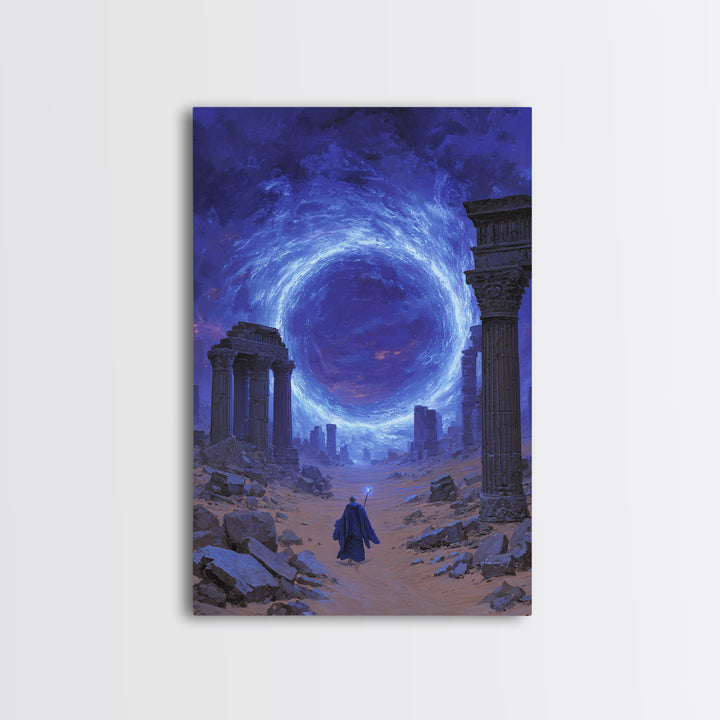 Ancient Ruins Blue Portal Canvas Print, Fantasy Wall Art, Magical Desert Landscape, Wizard Decor, Surreal Home Decor Gift