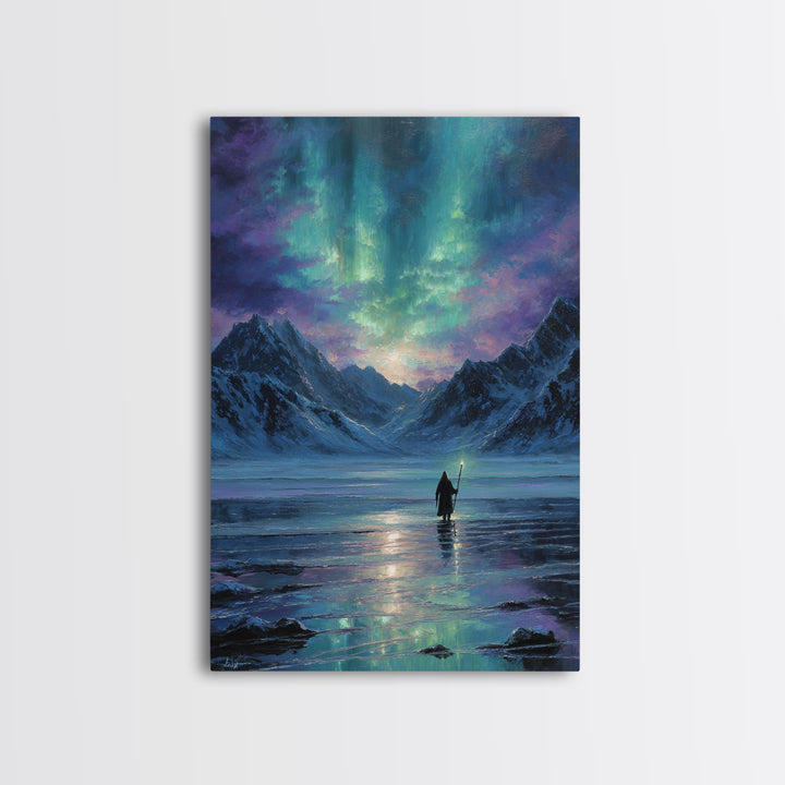 Northern Lights Mountain Lake Canvas Print, Aurora Wall Art, Fantasy Landscape Painting, Nordic Decor, Calming Home Decor Gift
