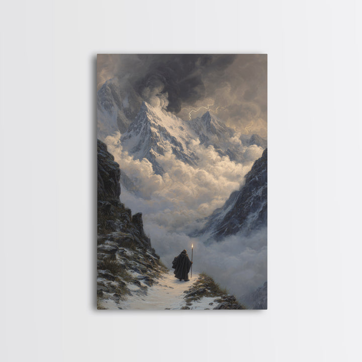 Stormy Snow Mountain Pass Canvas Print, Fantasy Wall Art, Moody Landscape Painting, Adventure Decor, Dramatic Home Decor