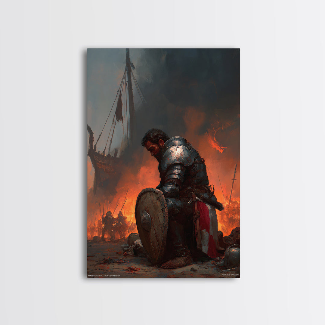 Kneeling Armored Warrior Canvas Print, Dark Fantasy Wall Art, Medieval Battle Scene, Viking Decor, Gift For Him Home Decor