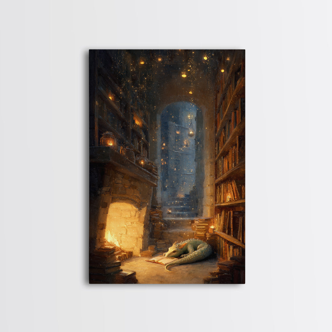 Cozy Dragon Library Fireplace Canvas Print, Fantasy Wall Art, Book Lover Decor, Dark Academia Reading Nook Home Decor Gift