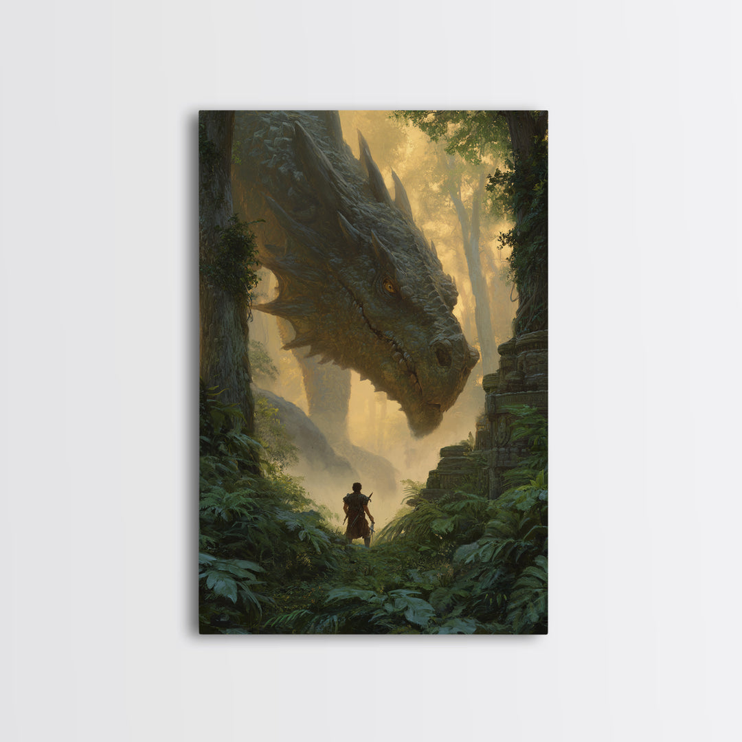 Giant Dragon In Ancient Jungle Ruins Wall Art Fantasy Canvas Print For Living Room Decor, Epic Heroic Gamer Room Gift For Him