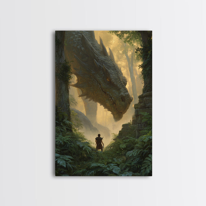 Giant Dragon In Ancient Jungle Ruins Wall Art Fantasy Canvas Print For Living Room Decor, Epic Heroic Gamer Room Gift For Him