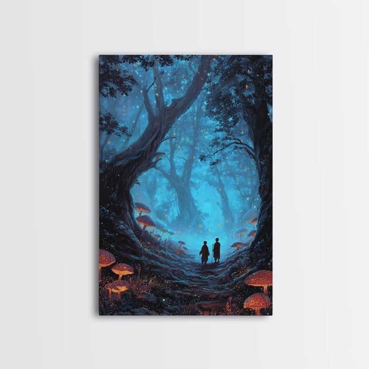 Enchanted Blue Mushroom Forest Wall Art Magical Fantasy Canvas Print For Bedroom Decor, Whimsical Fairy Tale Gift For Her