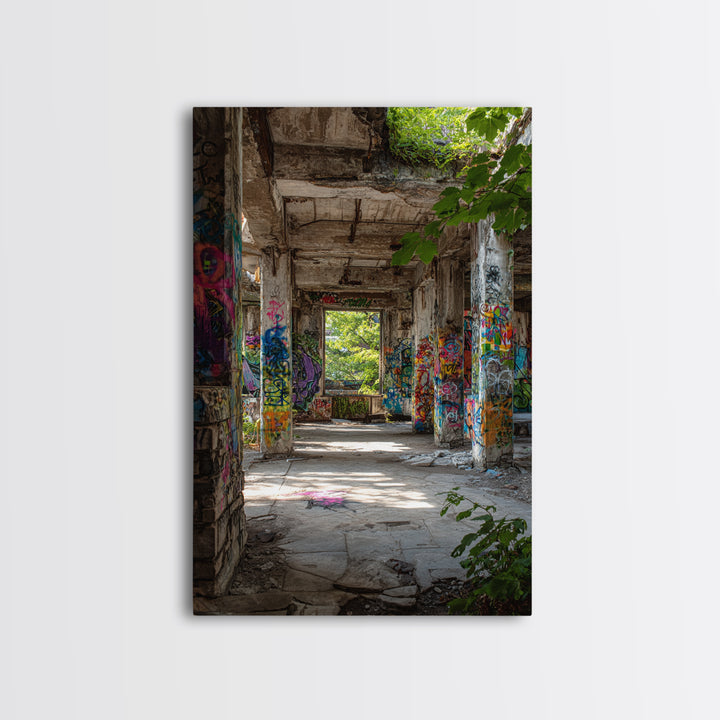 Sunlit Abandoned Graffiti Building Wall Art Urban Decay Photography Print, Industrial Office Decor For Modern Lofts Gift