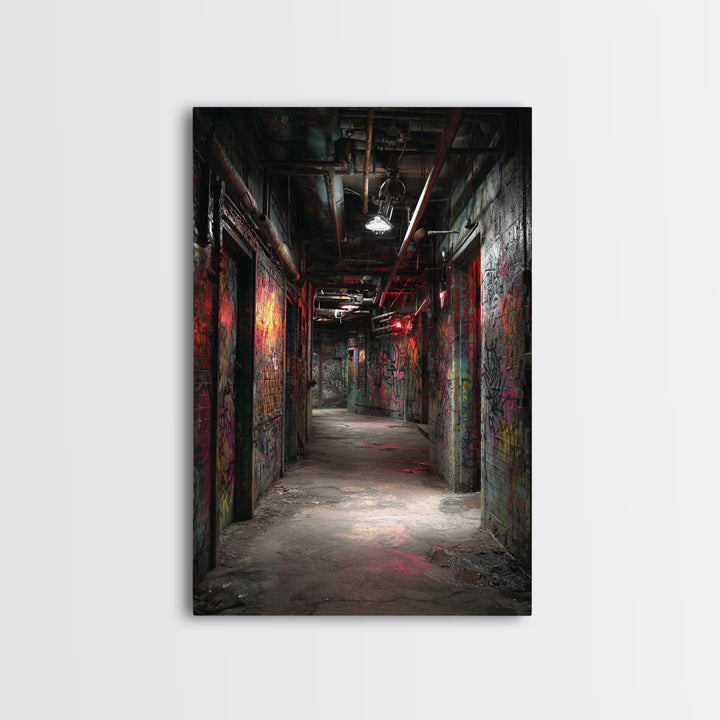 Dark Graffiti Tunnel Wall Art Urban Street Photography Print, Industrial Corridor Decor For Office Or Man Cave Gift Idea