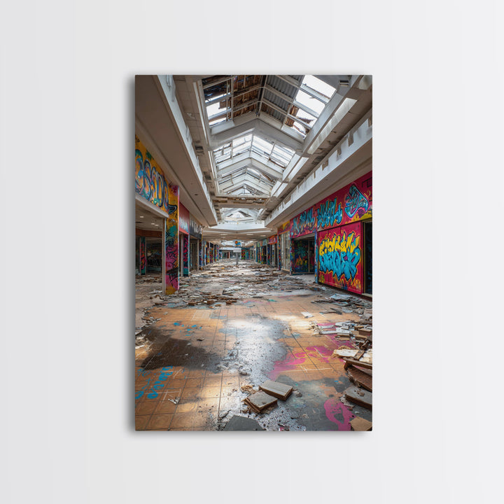 Abandoned Mall Atrium With Graffiti Wall Art Urban Decay Photography Print, Modern Industrial Decor For Loft Living Room