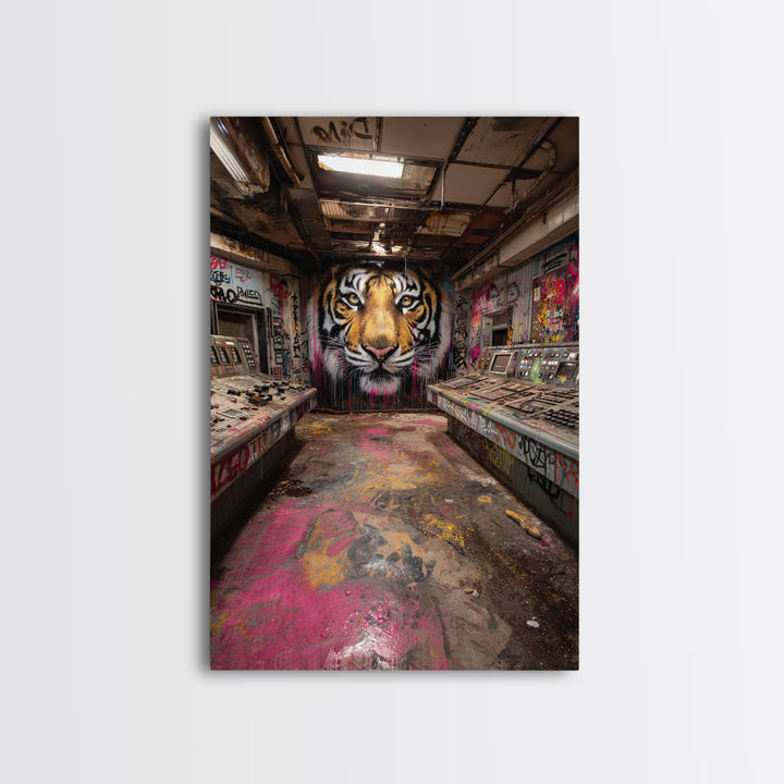 Tiger Mural In Abandoned Control Room Wall Art Urban Graffiti Canvas Print, Bold Animal Decor For Game Room Or Office Gift
