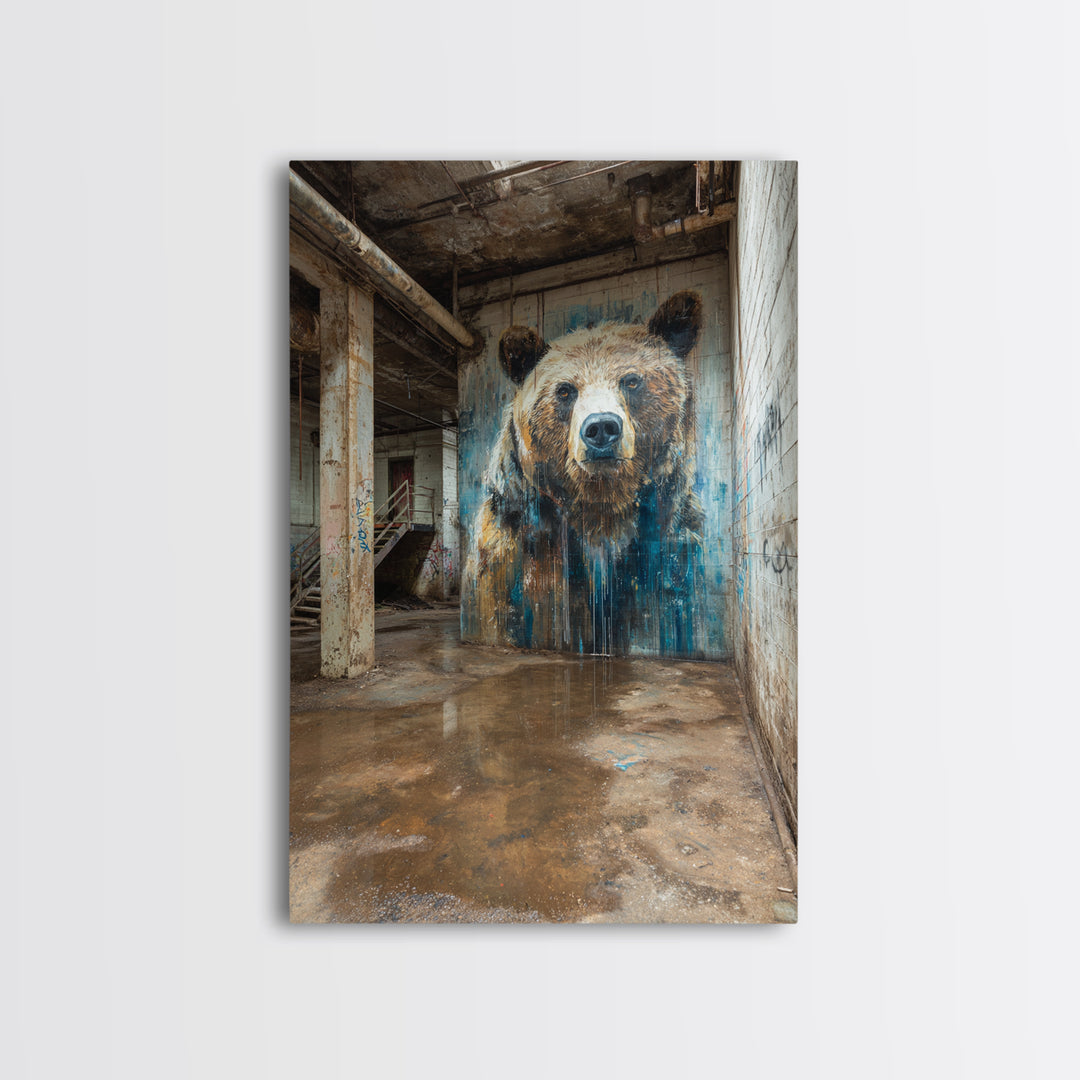 Realistic Bear Mural In Industrial Ruins Wall Art Urban Wildlife Canvas Print, Rustic Animal Decor For Cabin Or Office Gift