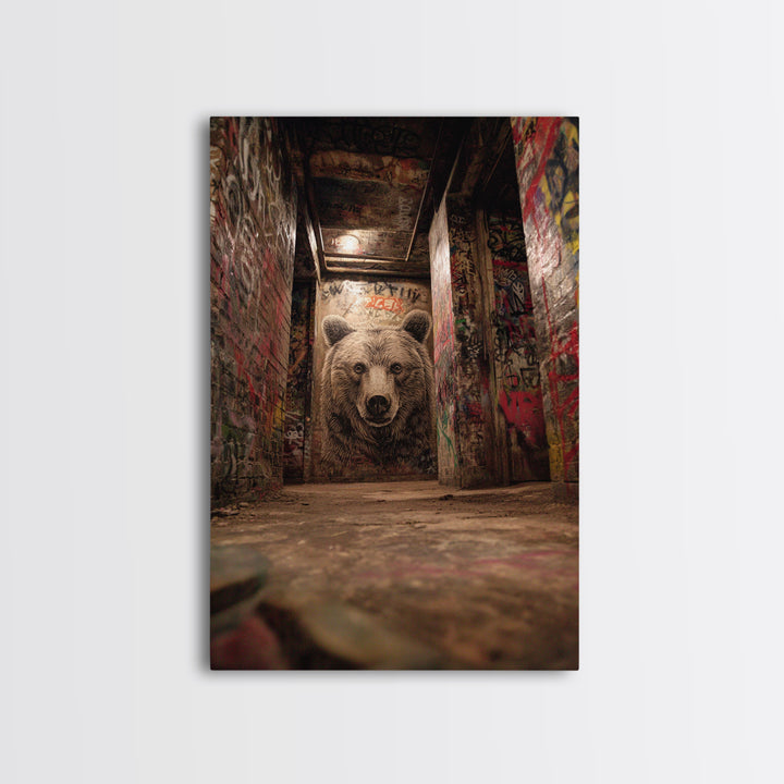 Moody Bear Portrait Graffiti Tunnel Wall Art Urban Wildlife Canvas Print, Dark Industrial Decor For Man Cave Or Office Gift