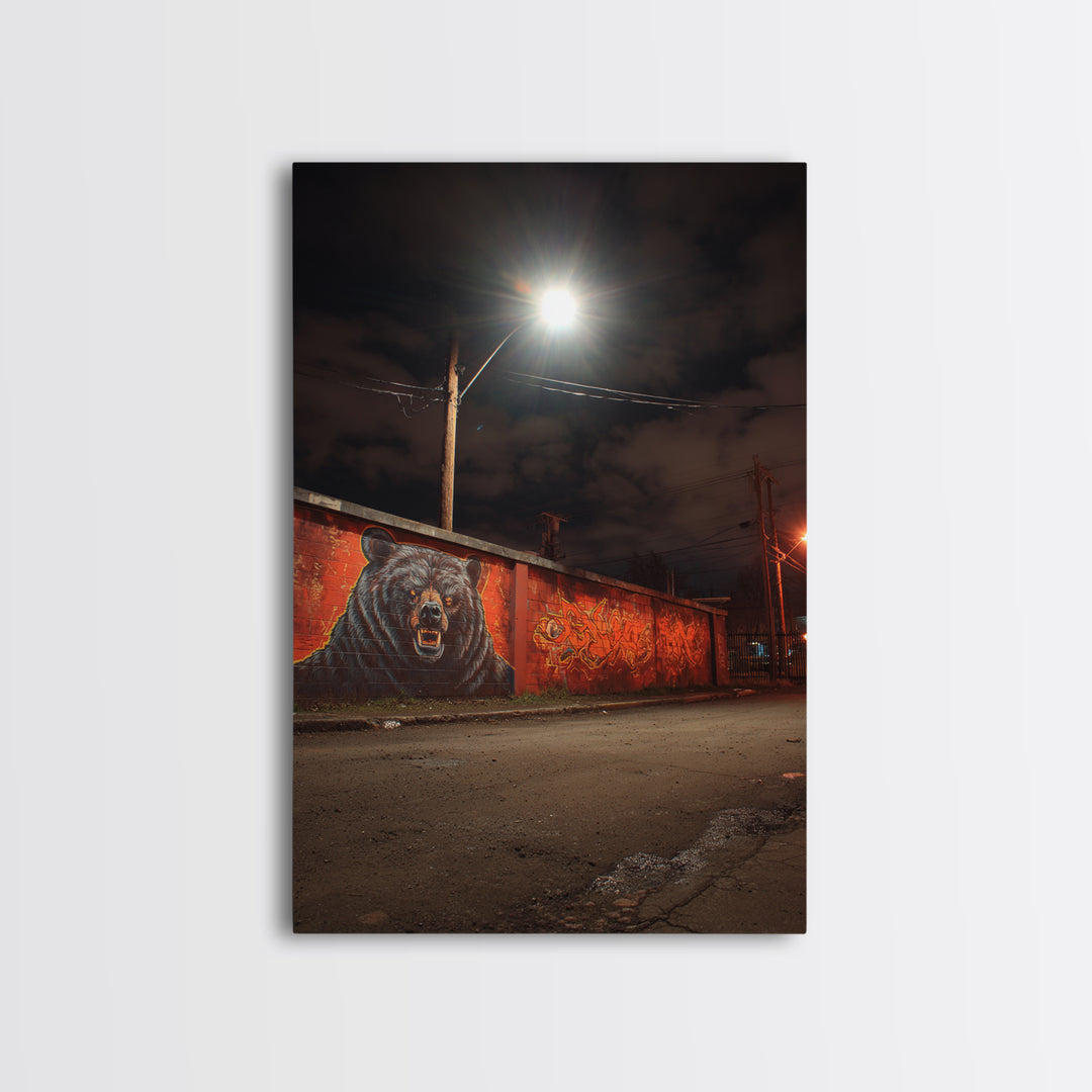 Night Street Bear Graffiti Wall Art Urban Wildlife Canvas Print, Red Brick Mural Decor For Man Cave Or Industrial Office