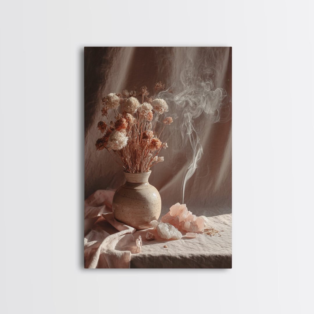 Dried Flowers With Incense Smoke Framed Canvas Print, Boho Wall Art, Rose Quartz Decor, Spiritual Bedroom Wall Decor Gift