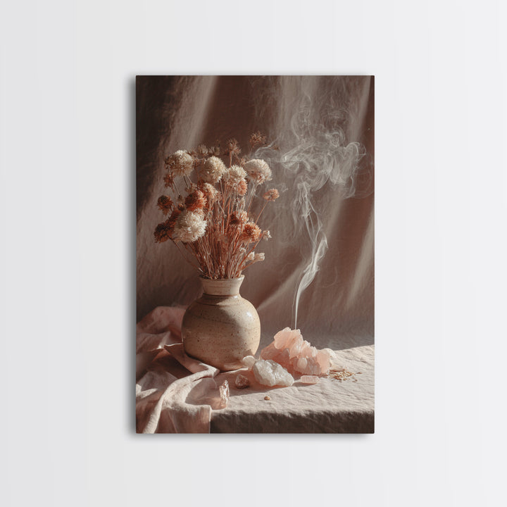 Dried Flowers With Incense Smoke Framed Canvas Print, Boho Wall Art, Rose Quartz Decor, Spiritual Bedroom Wall Decor Gift