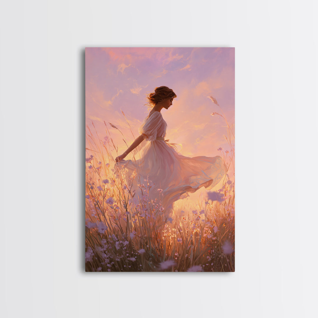 Sunset Meadow Woman In White Dress Wall Art, Romantic Wildflower Canvas Print, Feminine Bedroom Decor, Living Room Decor, Gift For Her