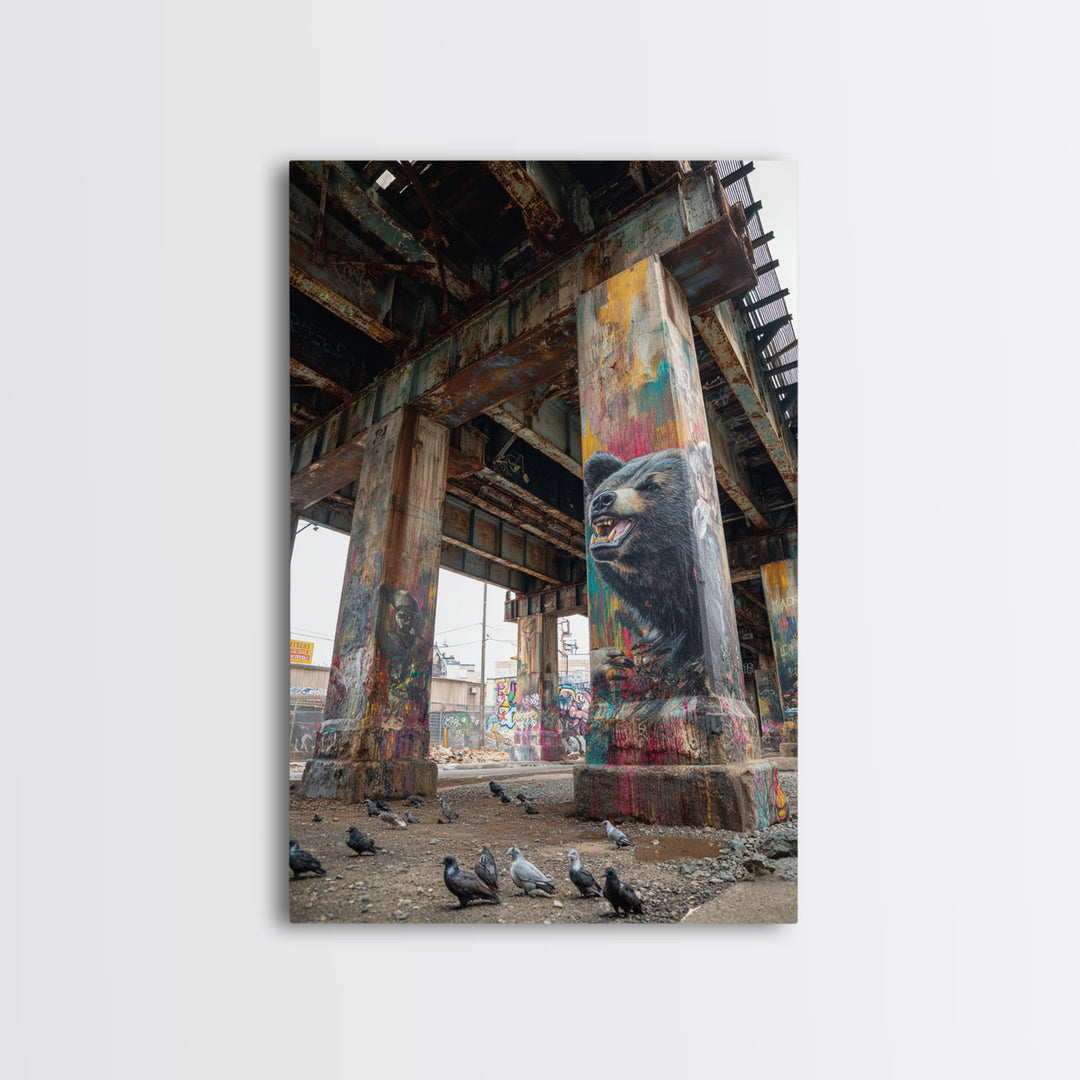 Vibrant Street Art Bear On Grungy Urban Pillar Graffiti Wall Painting Framed Canvas Print Trendy Wall Art