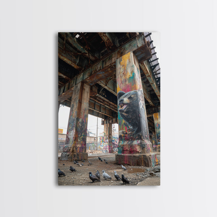 Vibrant Street Art Bear On Grungy Urban Pillar Graffiti Wall Painting Framed Canvas Print Trendy Wall Art