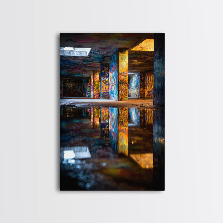 Colorful Graffiti Art With Reflections In Urban Underground Tunnel Wall Art Framed Canvas Print