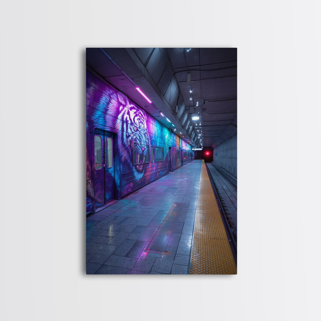 Vibrant Street Art Subway Train With Colorful Tiger Graffiti Framed Canvas Print Urban Wall Art For Modern Home