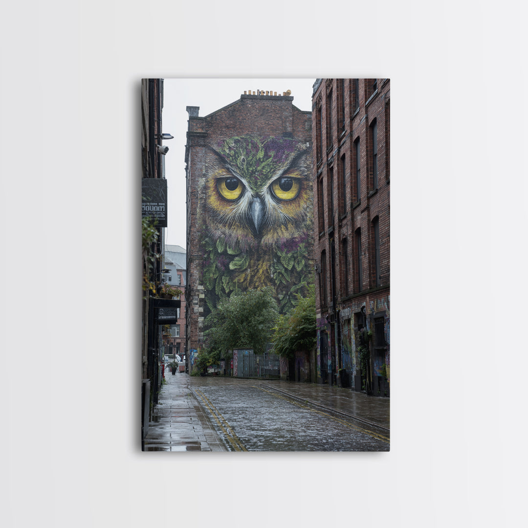 Large Vibrant Owl Mural Painted On Brick Building Wall In City Street - Original Wall Art Canvas Print For Urban Decor