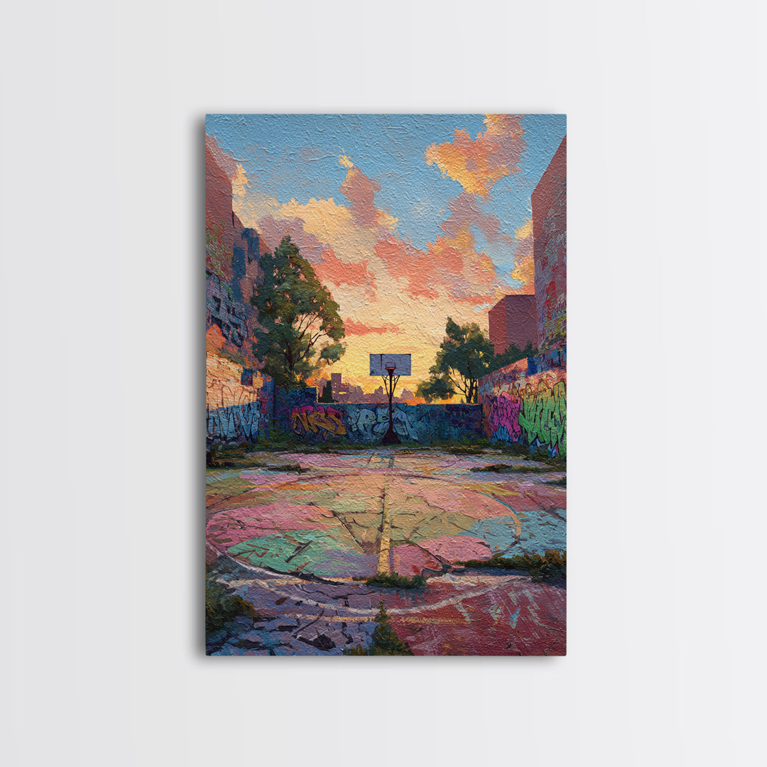 Urban Graffiti Basketball Court Sunset Colorful Street Art Canvas Print Vibrant Wall Art For Modern Living Room