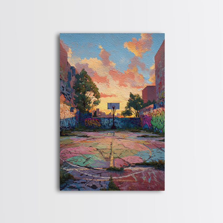 Urban Graffiti Basketball Court Sunset Colorful Street Art Canvas Print Vibrant Wall Art For Modern Living Room