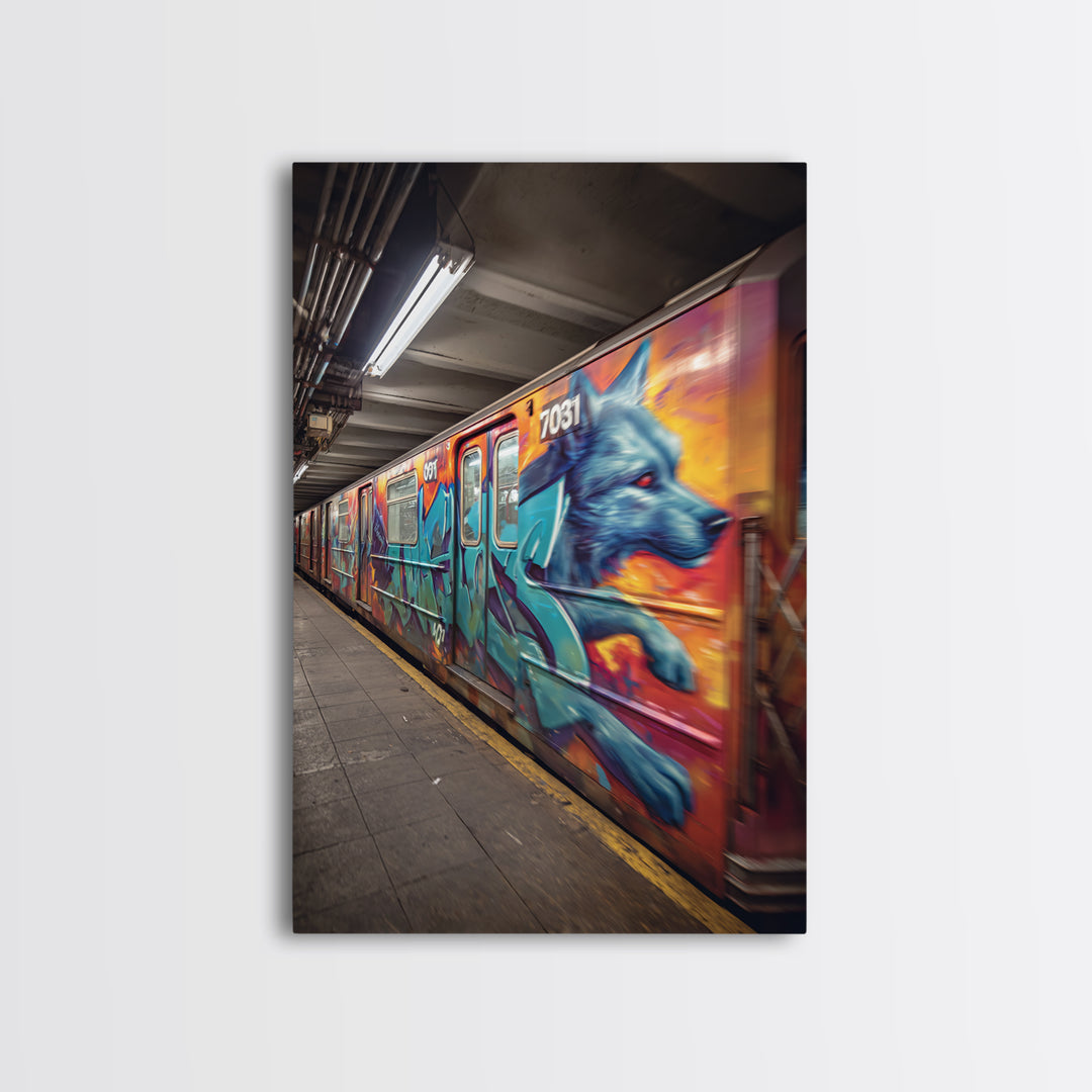 Graffiti Art Subway Train With Blue Dog Design Urban Street Art Canvas Print For Unique Contemporary Wall Decor