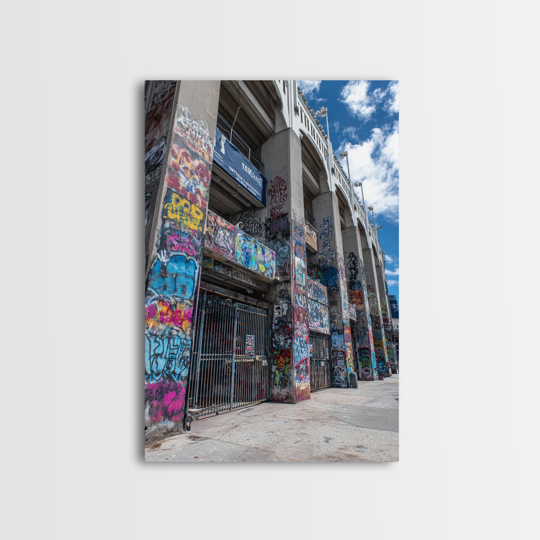 Abandoned Urban Street Art Graffiti Wall With Blue Sky | Vibrant Modern Wall Art Print For Home Decor Framed Canvas Print