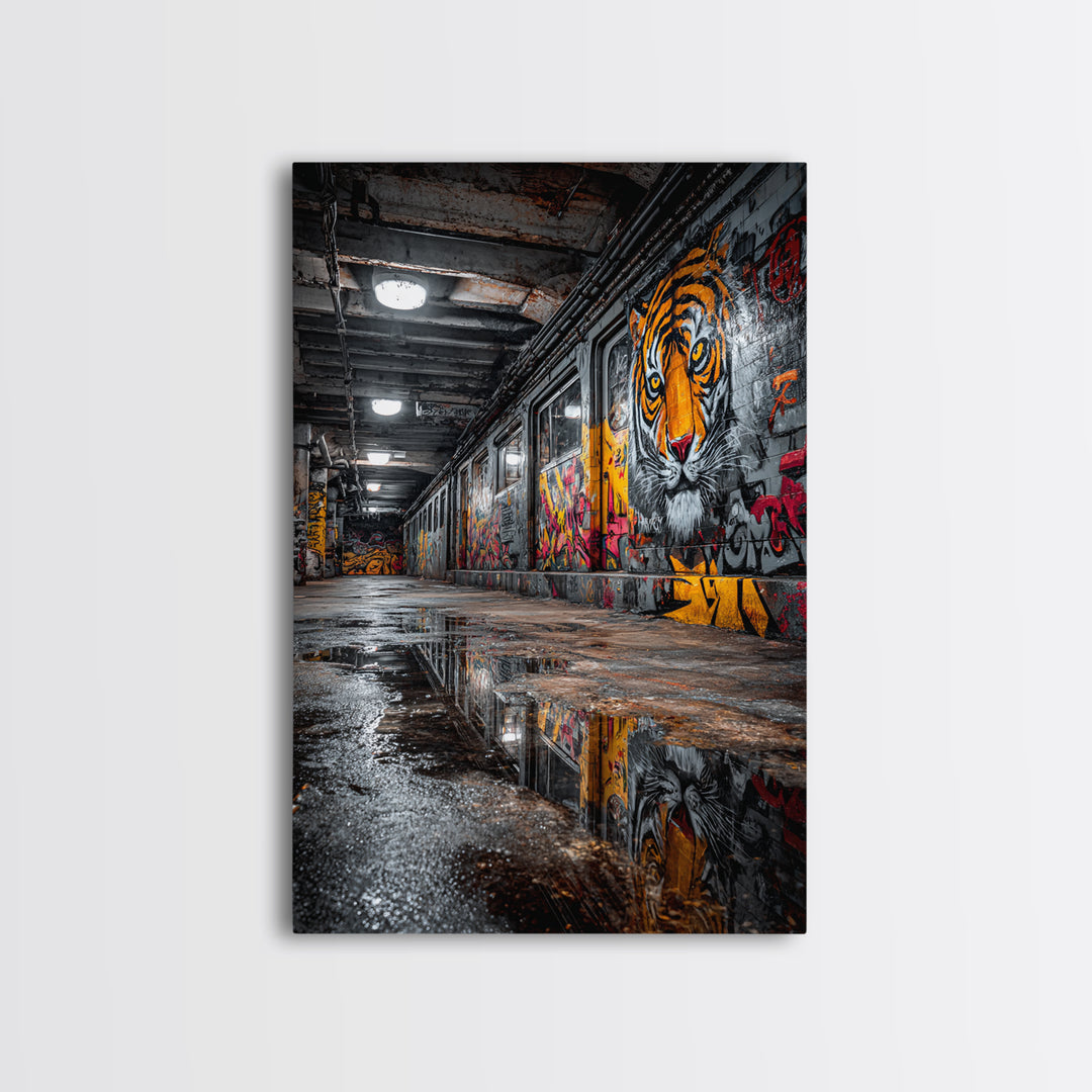 Urban Subway Corridor With Tiger Graffiti Art Moody Street Art Wall Decor - Canvas Print For Industrial Loft And Urban Spaces