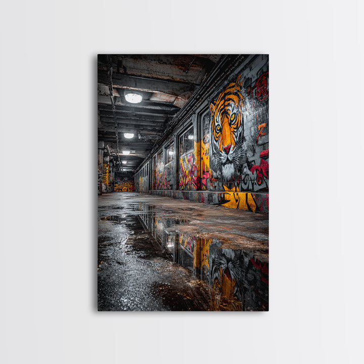 Urban Subway Corridor With Tiger Graffiti Art Moody Street Art Wall Decor - Canvas Print For Industrial Loft And Urban Spaces