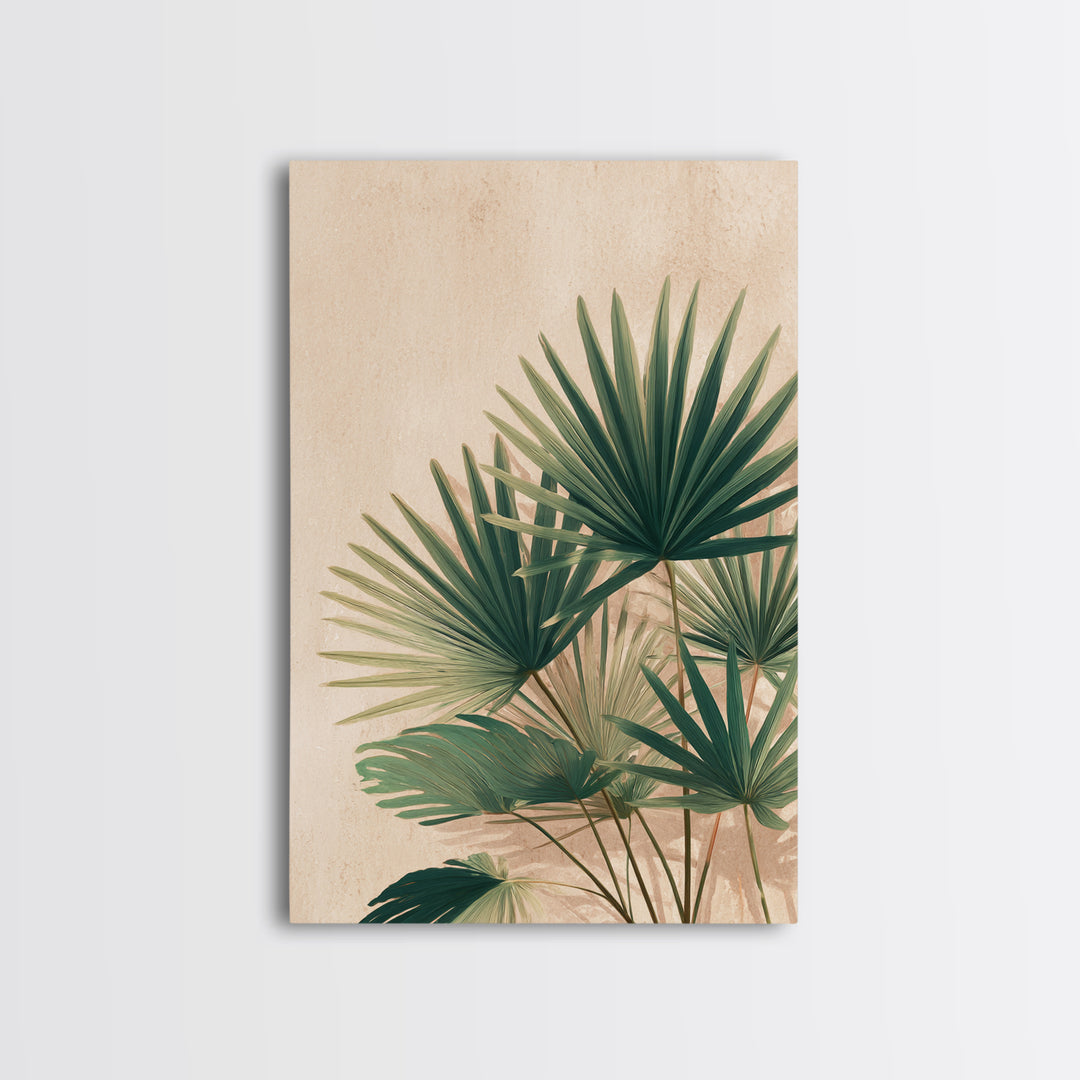 Green Fan Palm Botanical Wall Art, Tropical Leaf Canvas Print, Coastal Boho Living Room Decor, Large Nature Inspired Art