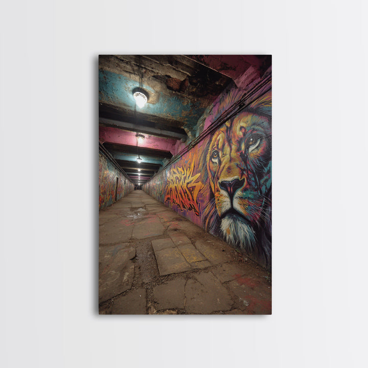 Urban Subway Tunnel Animal Graffiti Wall Art Colorful Lion Mural Framed Canvas Print For Street Art Lovers And Man Cave