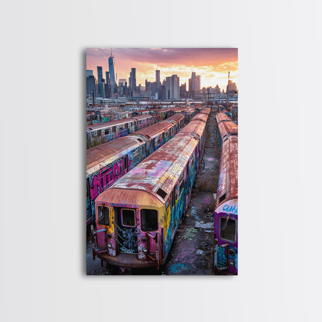 Abandoned Graffiti Covered Subway Trains Cityscape Urban Wall Art Print | Modern Wall Art Home Decor Gift For Him