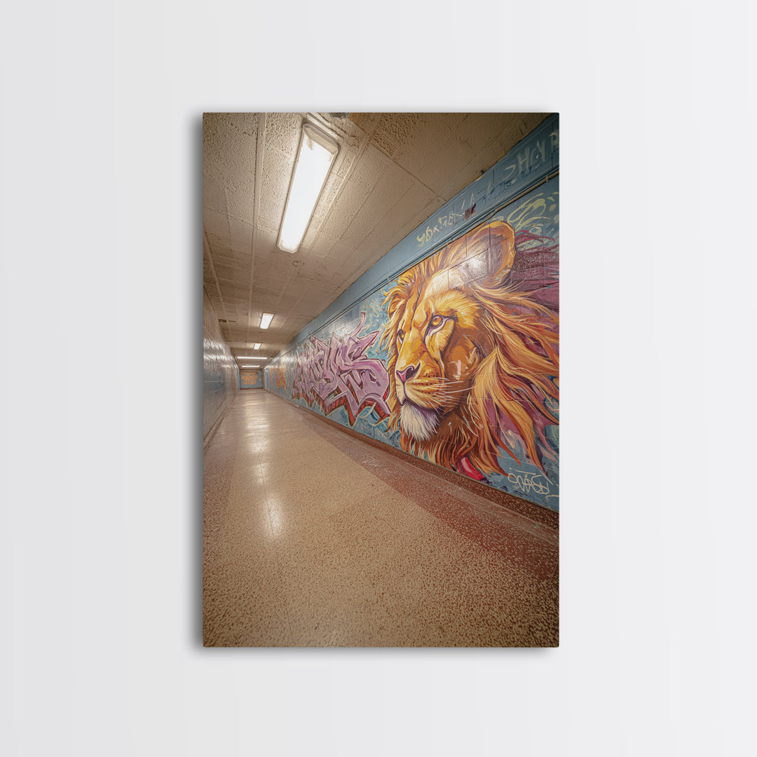 Artistic Lion Mural In City Tunnel Hallway Urban Street Art Decor | Vibrant Wall Art Print For Home Or Office Framed Canvas