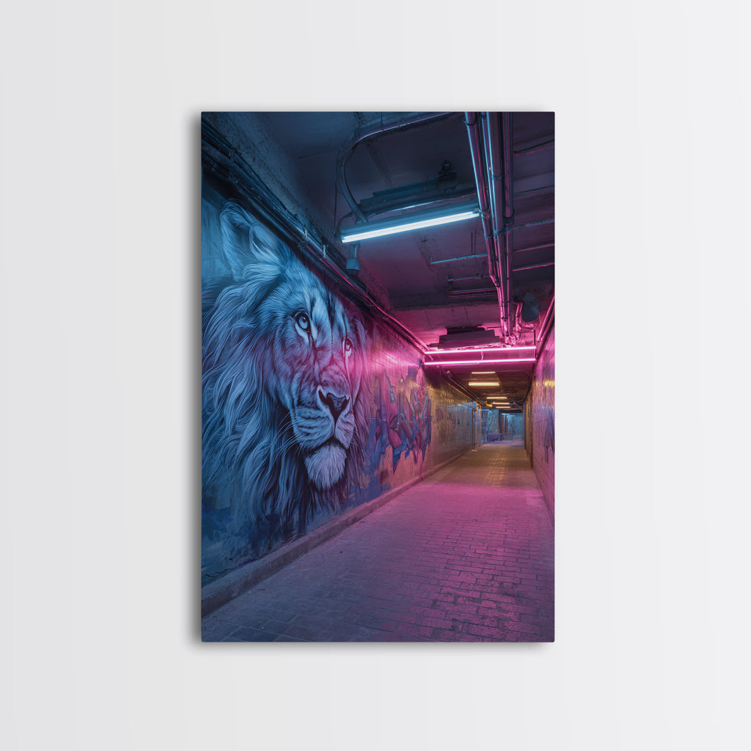 Vibrant Neon Alleyway Street Art With Majestic Lion Mural Wall Art Framed Canvas Print For Urban Home Decor