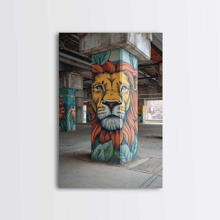 Majestic Lion Mural Painted On Concrete Pillar Urban Wall Art Framed Canvas Print For Unique Decor