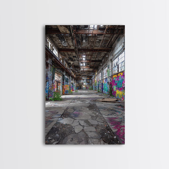 Vibrant Urban Graffiti In Abandoned Warehouse Wall Art Decor Framed Canvas Print For Modern Home Decor